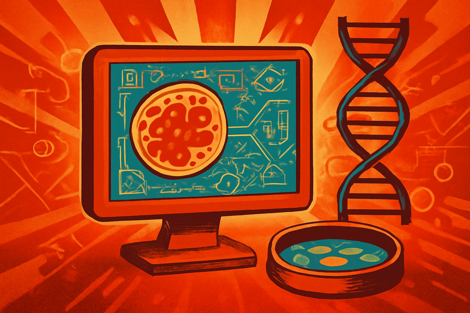A digital representation of a human cell being mapped by glowing blue and gold data streams, symbolizing AI-driven biological modeling.