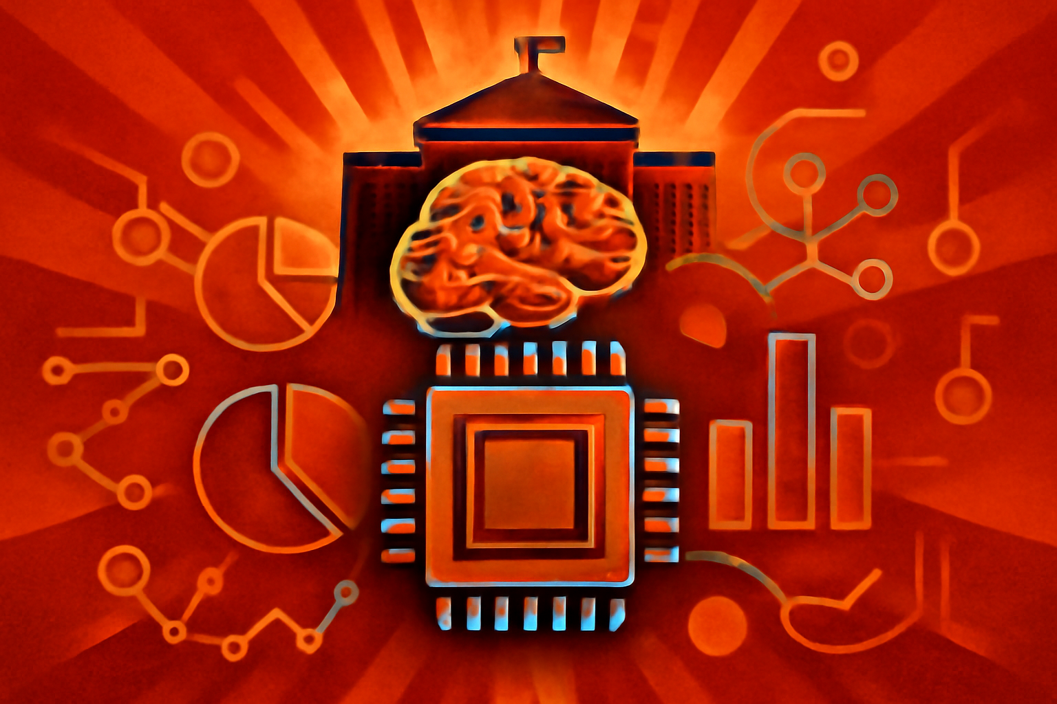 A conceptual editorial illustration showing the intersection of government architecture and advanced digital neural networks, representing the 2.4 billion dollar AI science pledge.