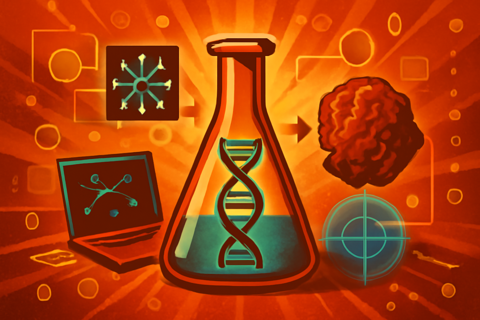 A digital visualization of genetic data and molecular structures being analyzed by an artificial intelligence interface for cancer research.