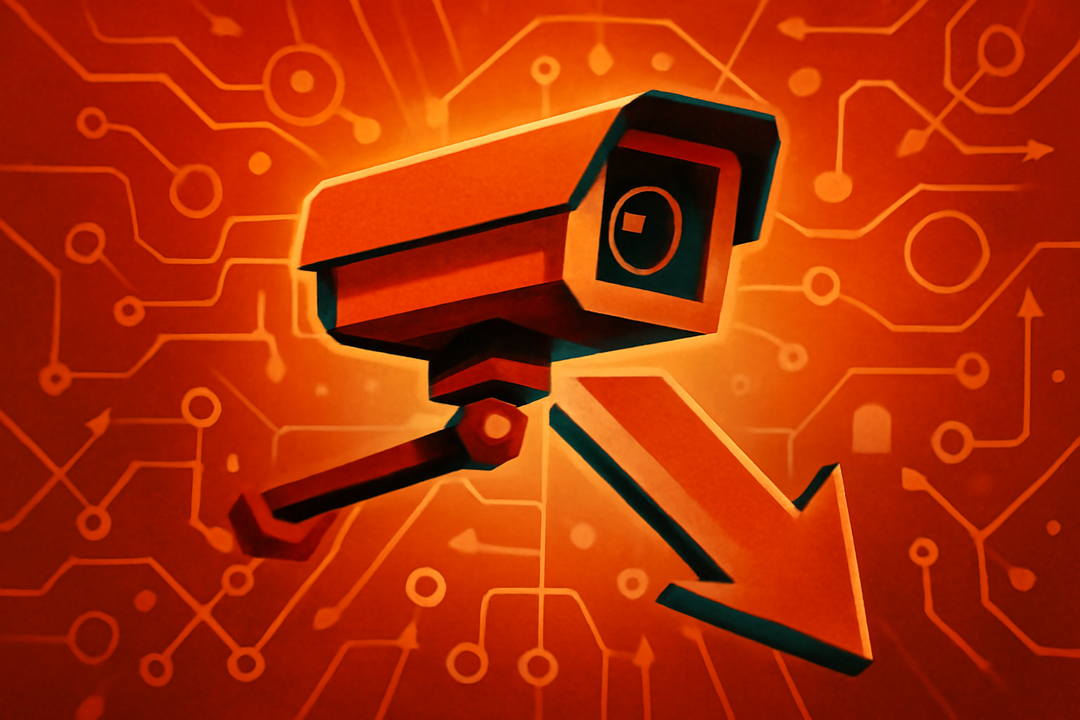 A high-tech black surveillance camera with sensors and lenses is mounted on a metal pole overlooking a city street.