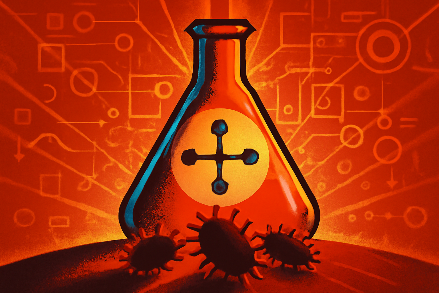 A laboratory computer screen showing 3D blue and white molecular models, with a scientist working in a professional research environment in the background.