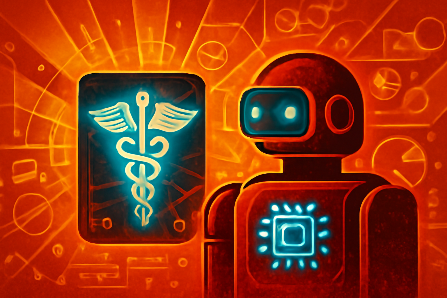 A doctor in a modern emergency room reviewing clinical data and AI-assisted diagnostic charts on a digital tablet.
