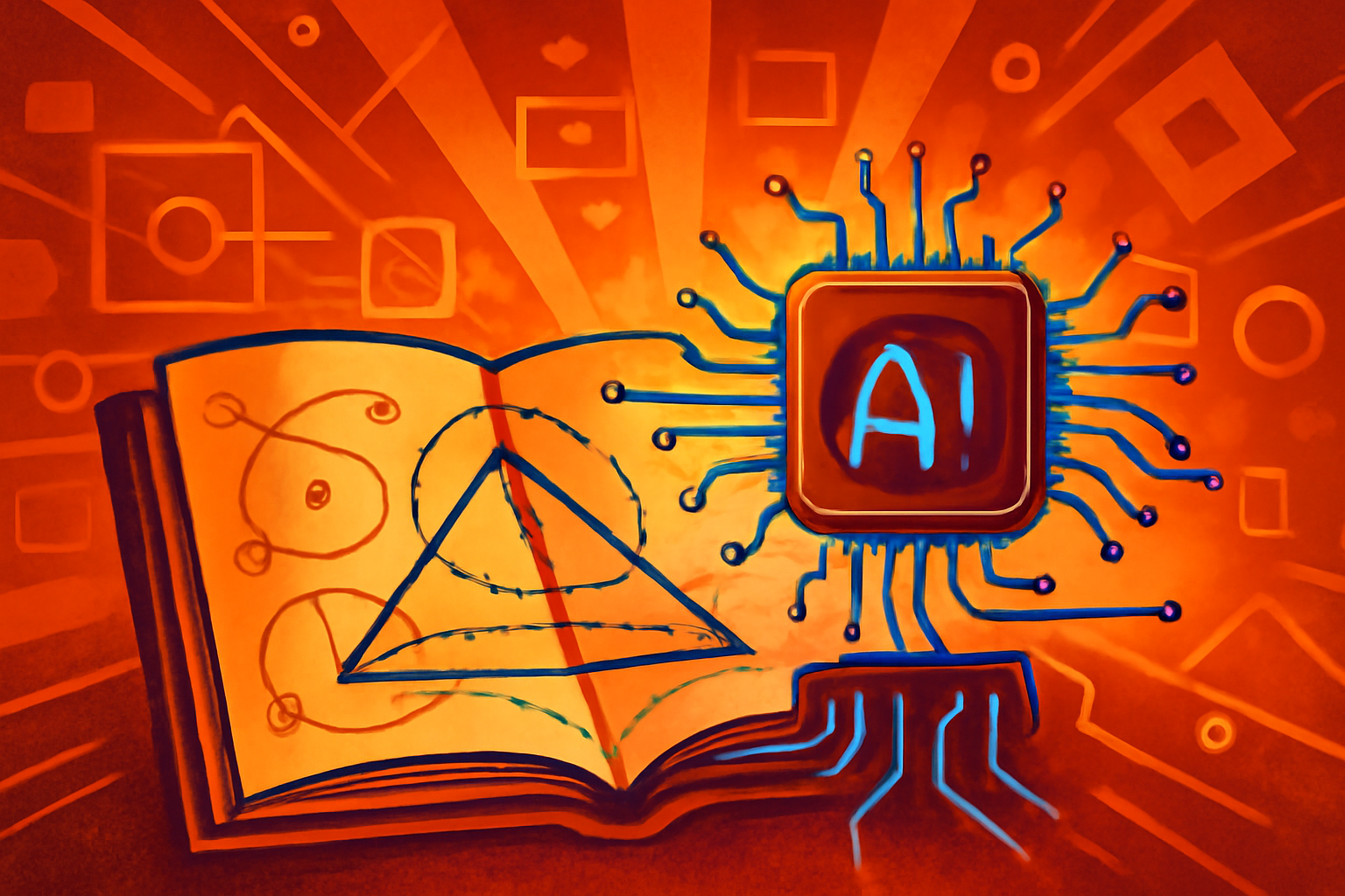 An abstract editorial illustration showing white mathematical formulas on a dark screen with glowing blue light trails highlighting specific variables.