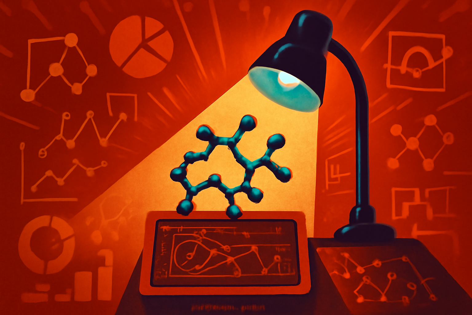 An editorial illustration of a glowing digital protein structure illuminating a laboratory workspace, symbolizing the 'floodlight' effect of AI in science.