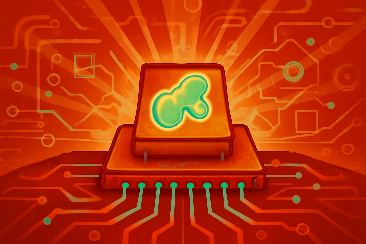 A microfluidic chip on a lab bench next to a computer screen showing data analysis graphs and digital neural networks.