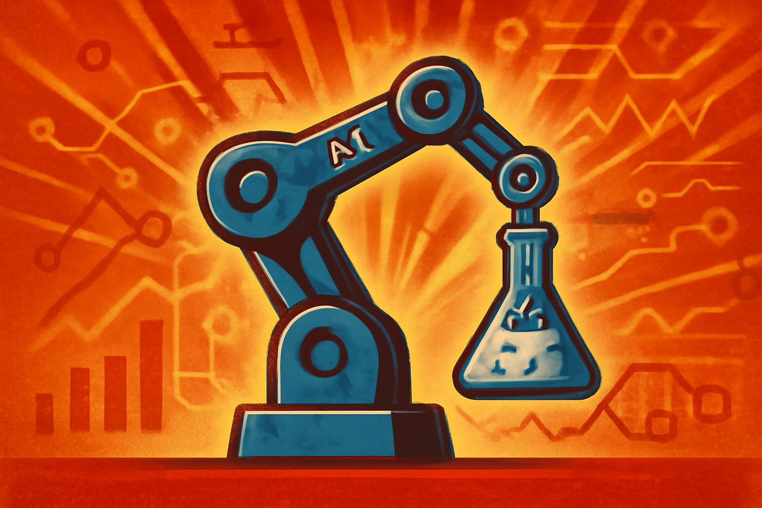 A digital representation of an automated science laboratory with holographic data and robotic equipment, symbolizing AI-driven research.