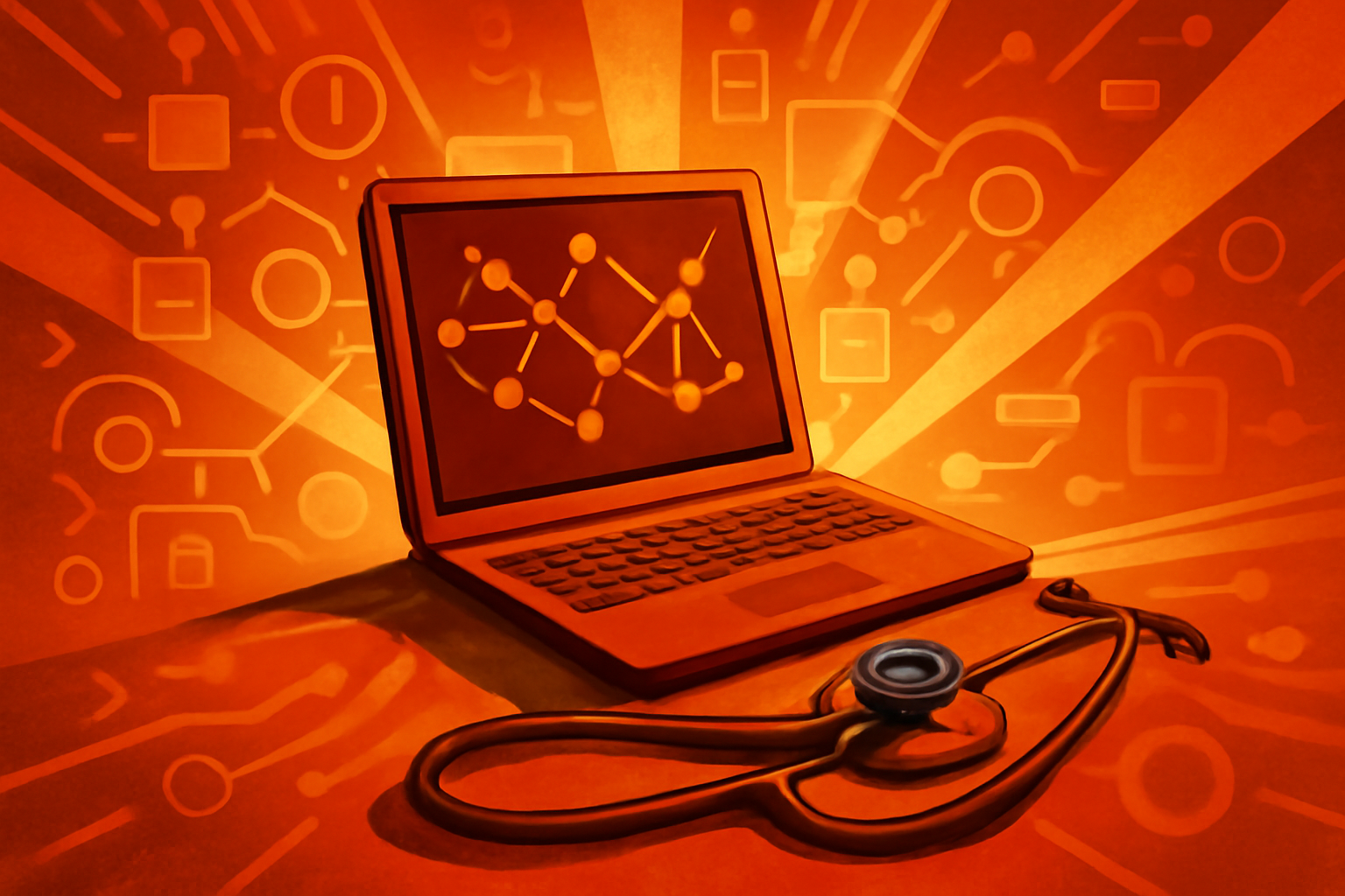 A doctor in a white lab coat reviewing complex medical data on a glowing computer screen in a modern clinical setting.