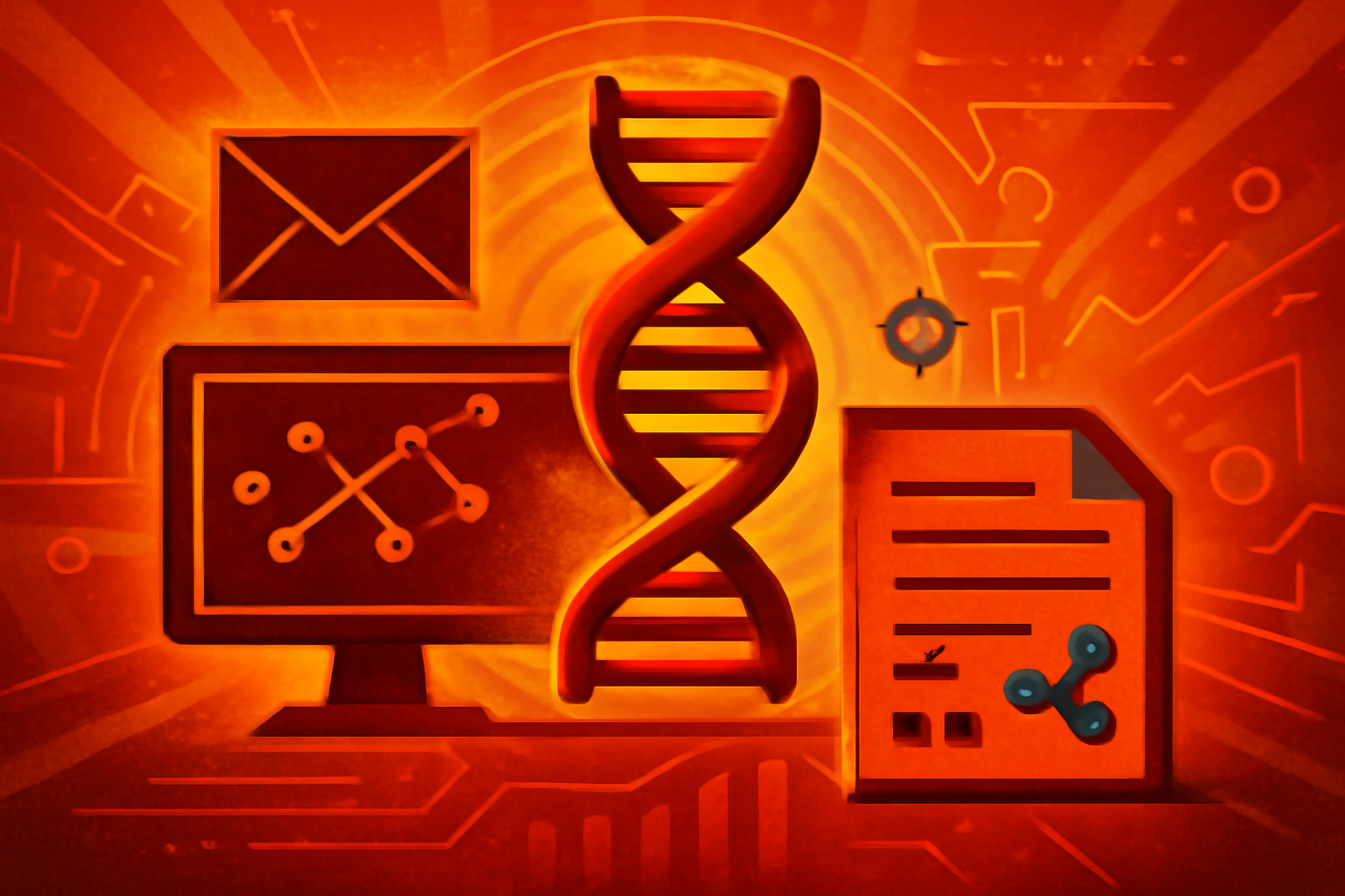 A digital DNA strand being analyzed by a blue holographic interface in a modern biotechnology laboratory.