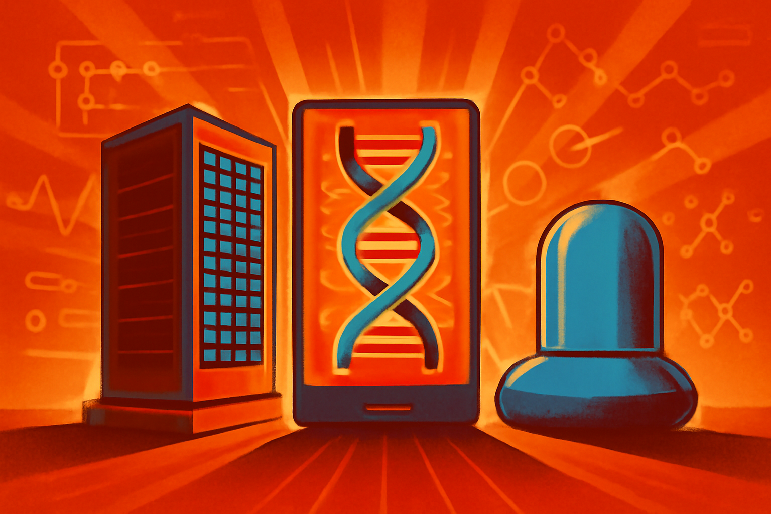 A split-screen illustration showing a high-powered data center on one side and a minimalist molecular model on the other, representing two different AI drug discovery methods.