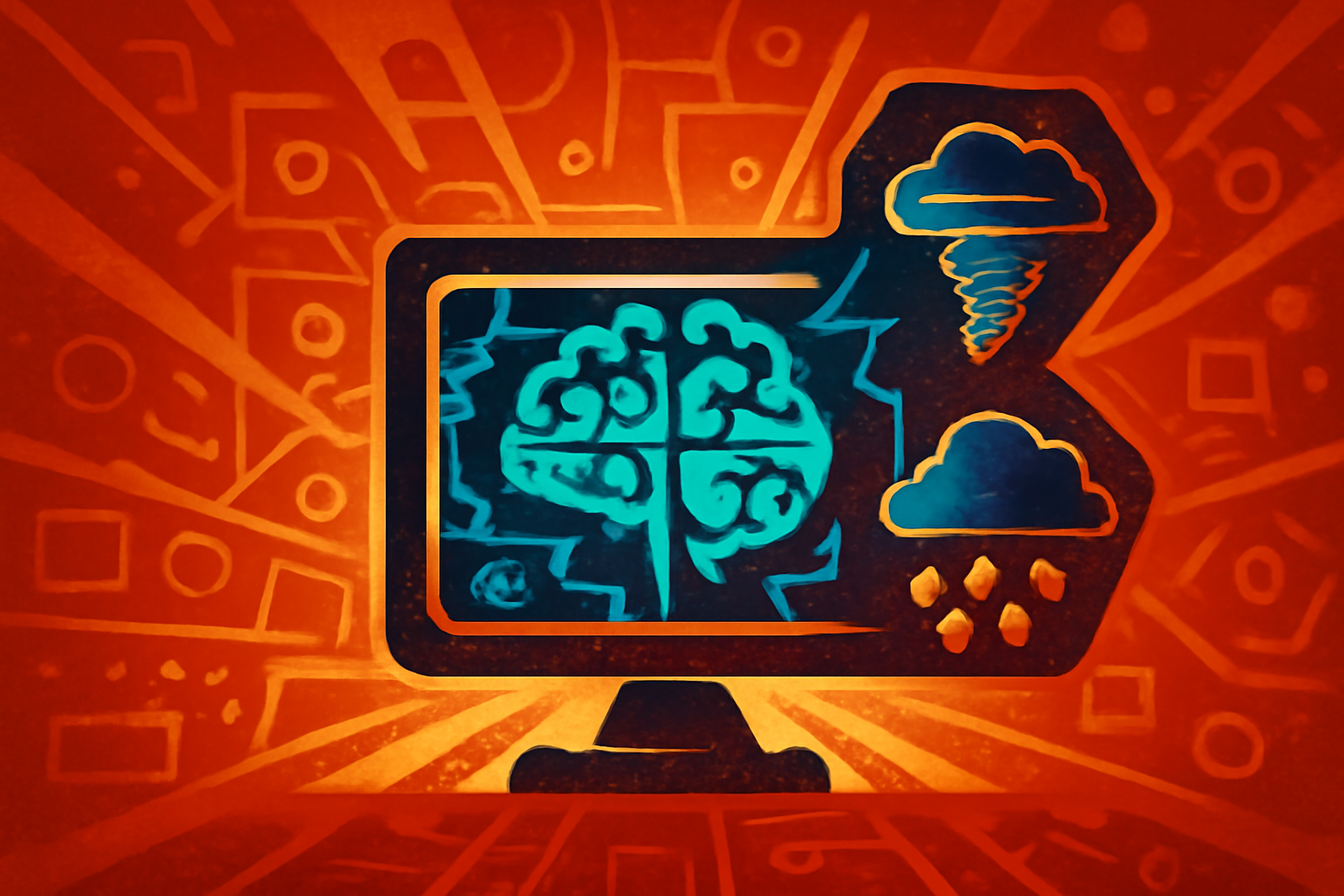 Digital weather forecast map on a computer screen displaying storm patterns and AI-driven data visualizations for severe weather tracking.
