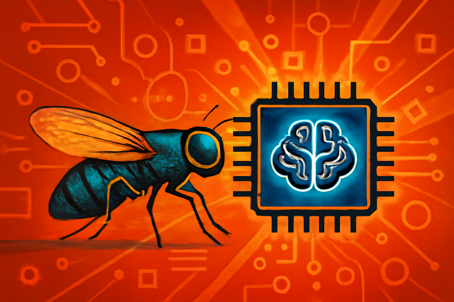 A conceptual illustration showing the intersection of biology and technology, featuring the neural network of an insect brain connected to digital circuits and robotic elements.