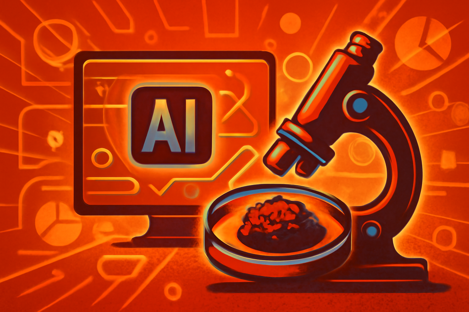 A digital monitor in a medical lab showing a microscopic tissue sample with AI-generated analysis overlays highlighting tumor patterns for diagnosis.