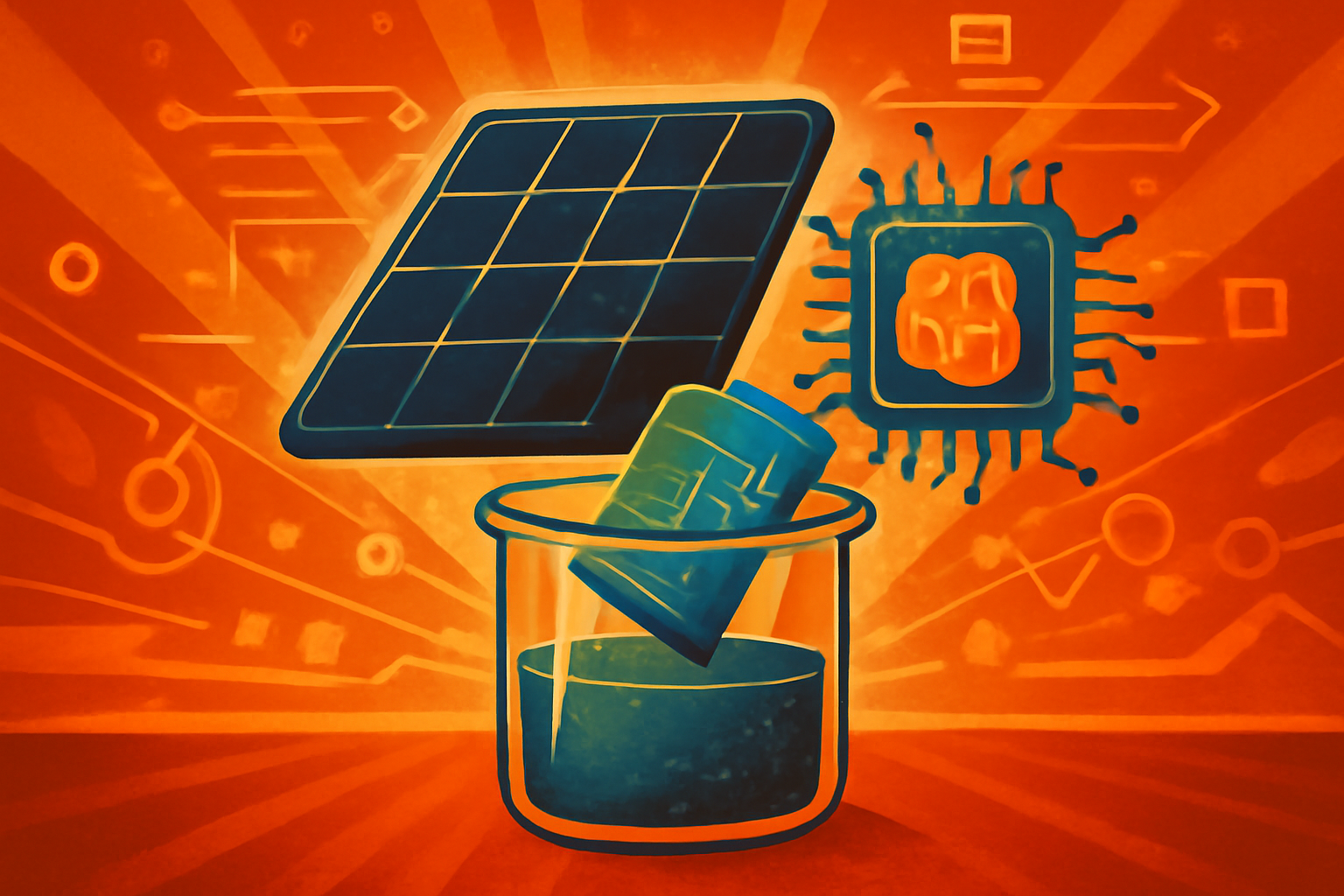 A robotic arm processes a silicon solar wafer in a lab with digital overlays representing AI-driven molecular simulations and data.