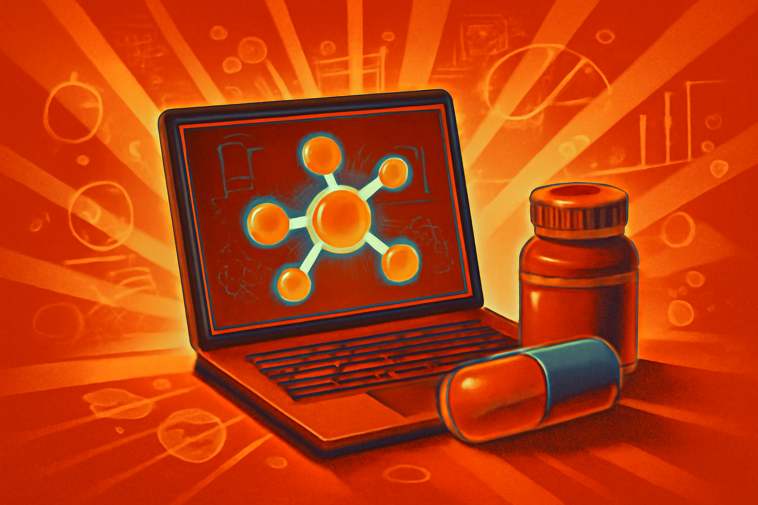 A 3D visualization of a complex protein structure with highlighted binding sites, shown on a high-tech laboratory computer screen in a scientific research facility.