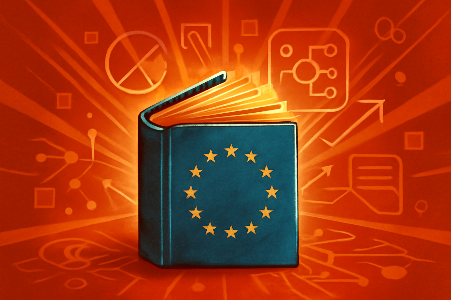 A researcher in a modern lab views a digital screen showing an AI neural network and a European Union symbol, representing new AI research guidelines.