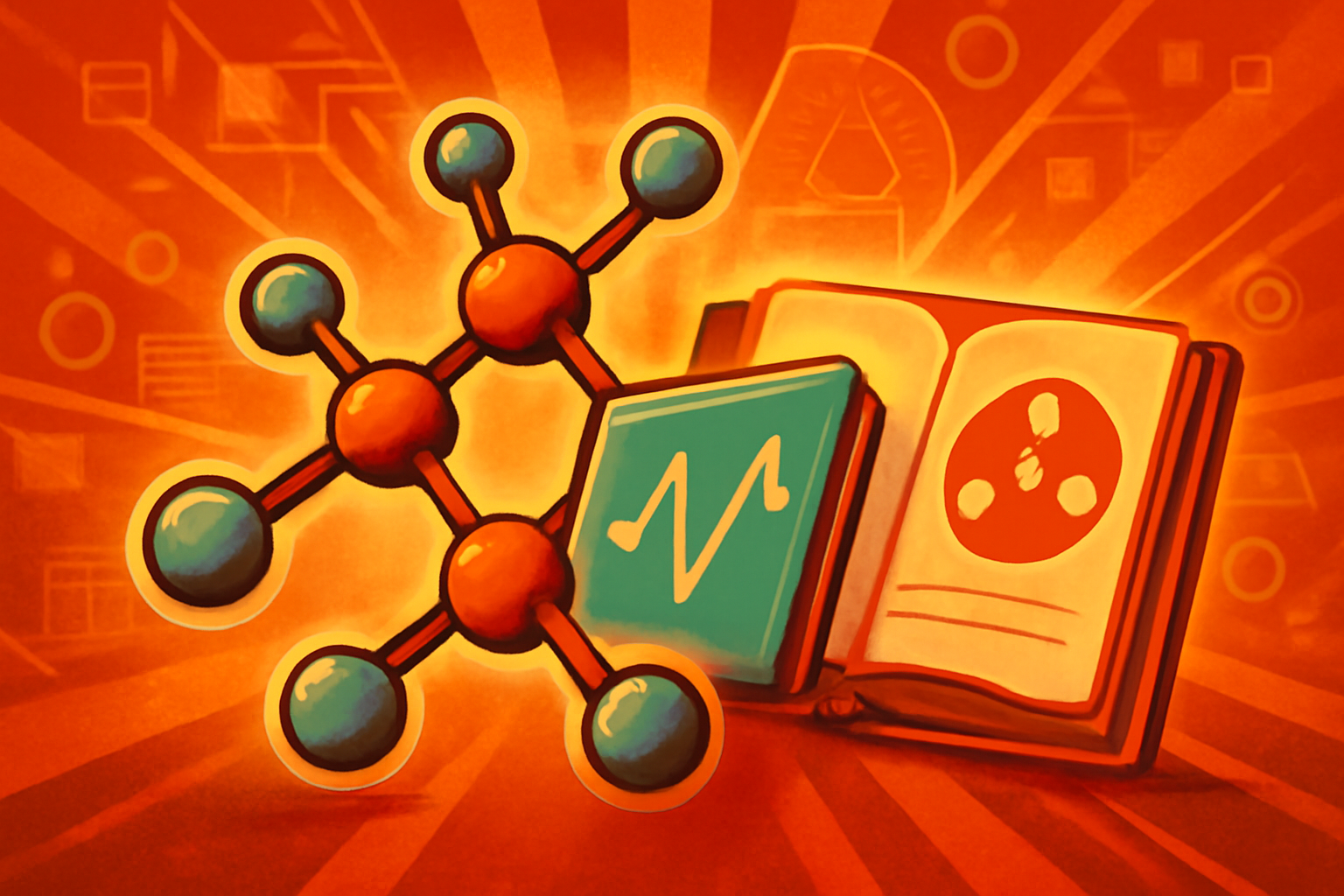 A scientific 3D visualization showing a drug molecule binding to a disease-related protein, represented by complex molecular structures and digital data points.