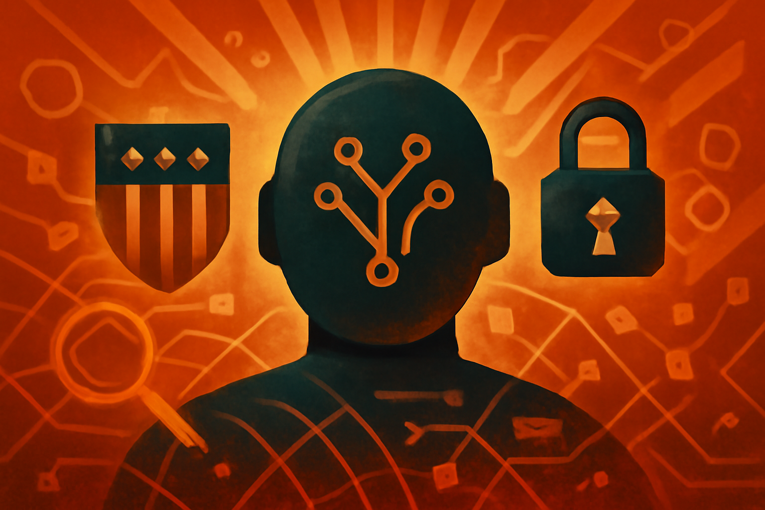 A digital tablet showing an AI neural network with red security warning symbols, set against a professional office background with a blurred American flag.