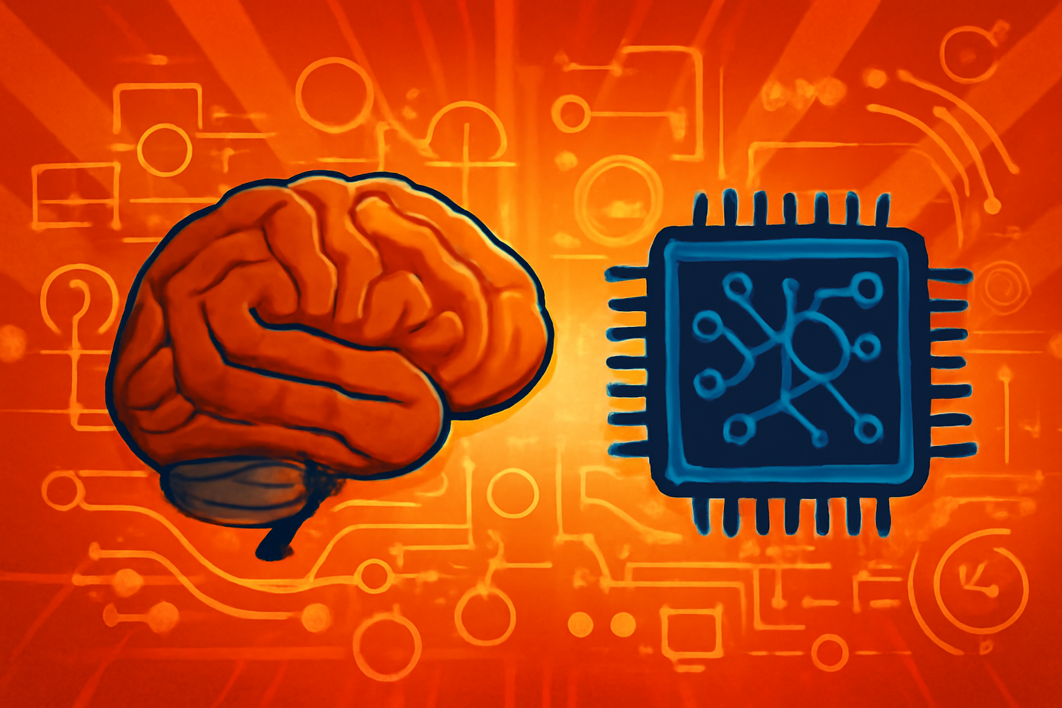 A split-screen illustration comparing a glowing biological human brain to a large, industrial data center filled with server racks.