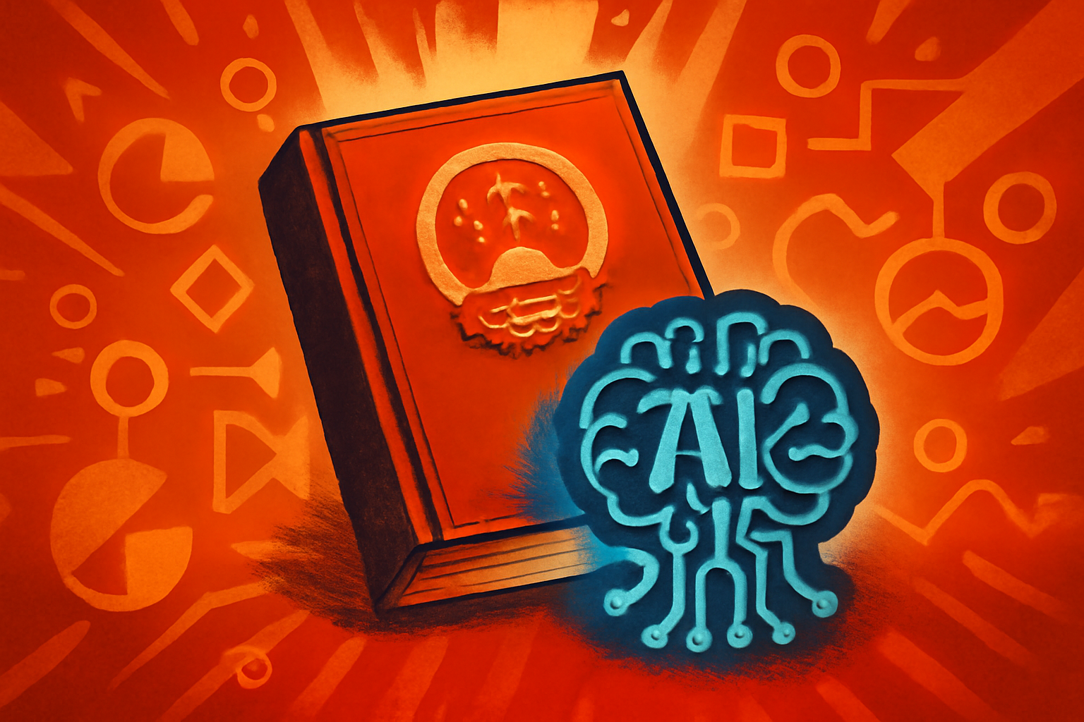 A digital illustration of glowing circuits balanced on scales, symbolizing AI ethical oversight in China.