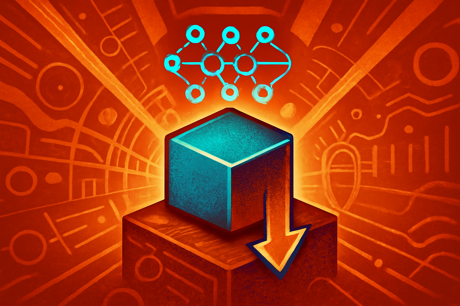 A stylized representation of a computer chip with digital light particles being compressed into dense streams to represent memory efficiency in artificial intelligence.
