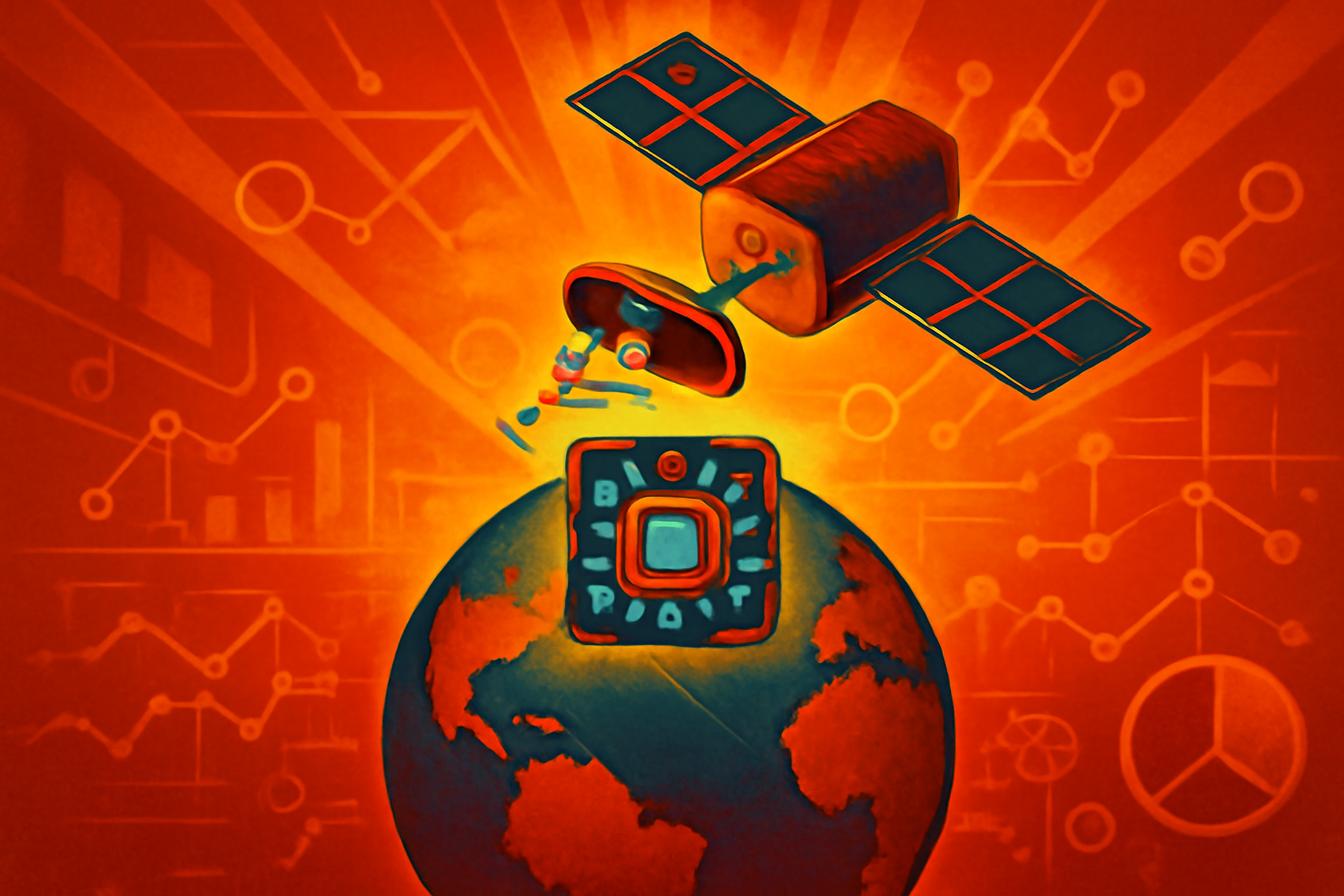 Digital illustration of a satellite orbiting Earth with blue data overlays representing AI processing geospatial information on the planet's surface.