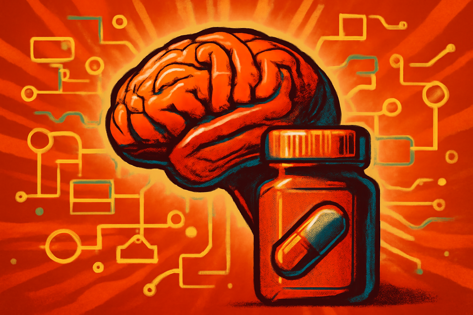A digital rendering of a human brain illuminated by glowing blue and gold network connections, representing AI-driven genomic analysis.