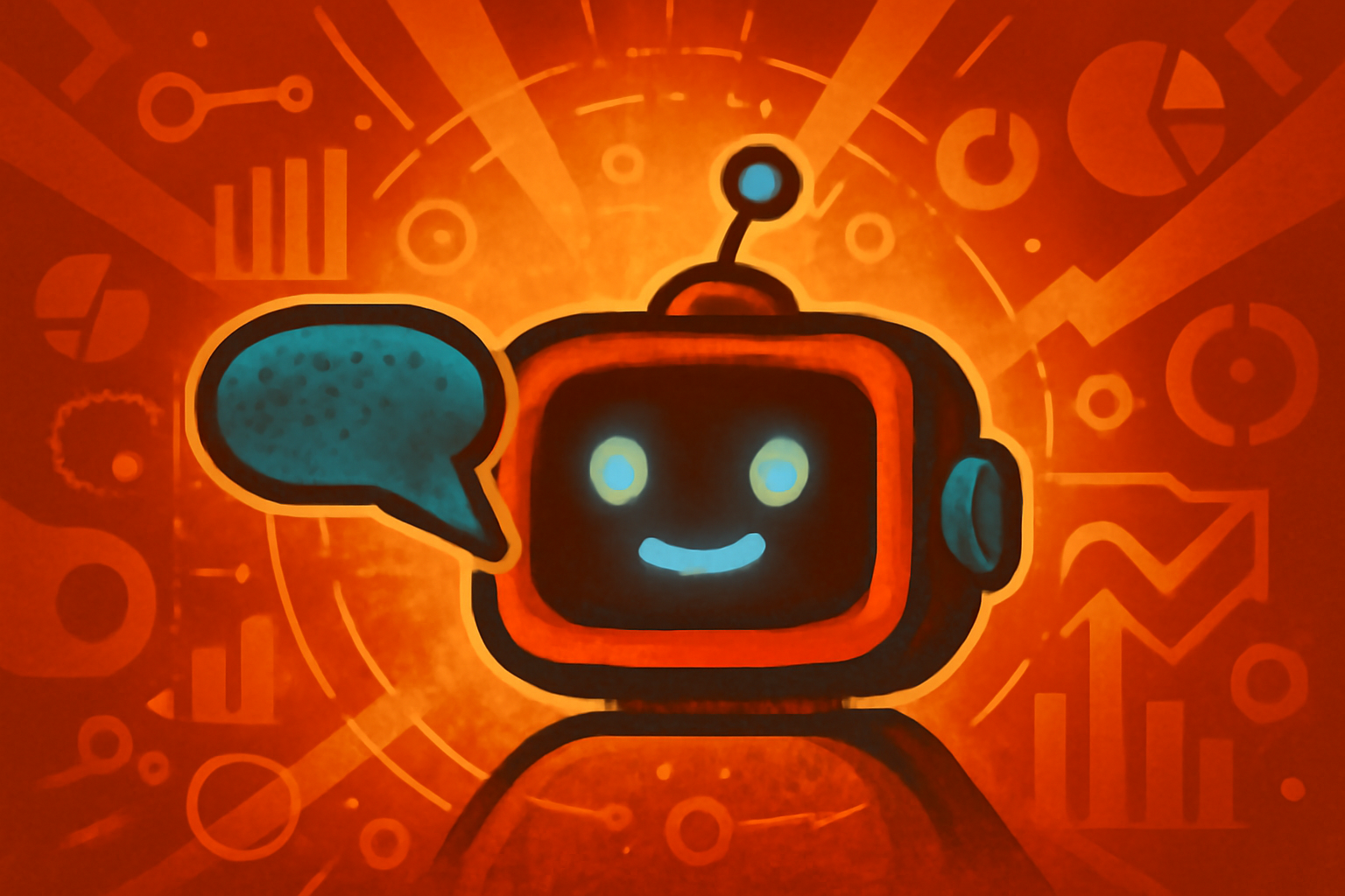 A person in a dark room looking at a glowing phone screen, surrounded by digital chat bubbles that form a loop around their head.