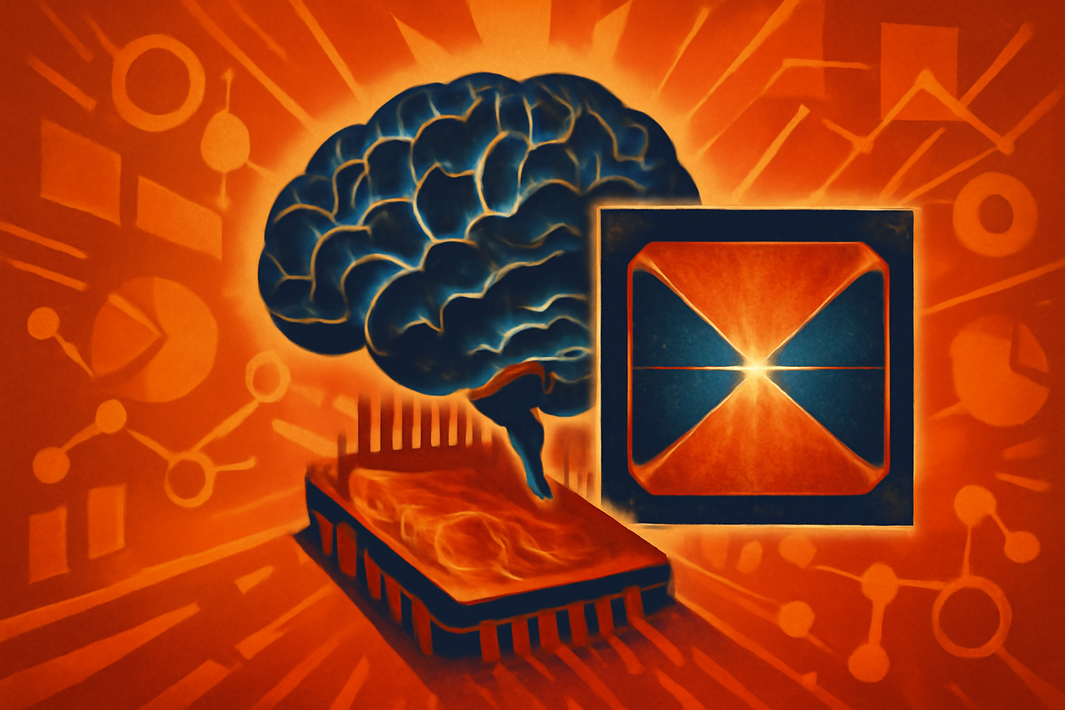 A conceptual graphic showing a blue digital brain structure merging with abstract quantum wave patterns.