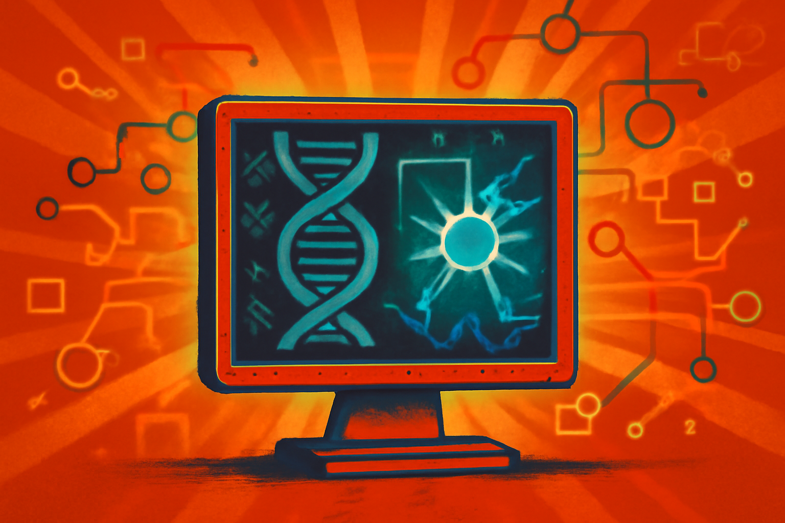 A digital 3D model of a human gene sequence on a laboratory monitor representing AI-driven drug discovery for brain disorders.