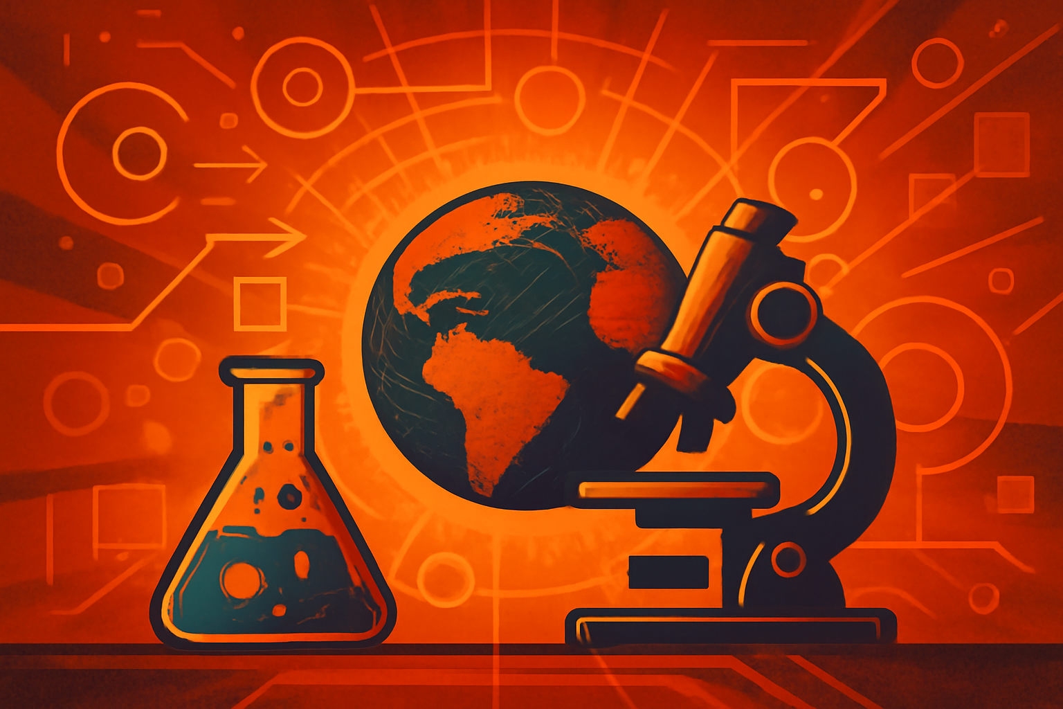 Digital representation of chemical patterns and data points over a cosmic background, illustrating AI's role in detecting extraterrestrial life.