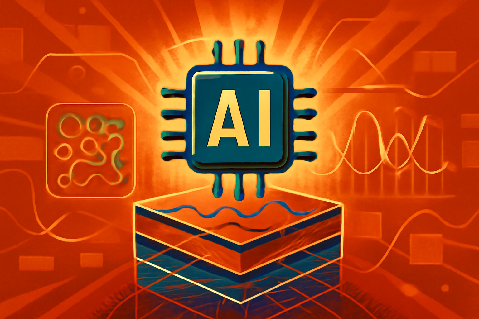 A digital illustration showing abstract mathematical layers superimposed over images of biological cells and weather ripples, representing AI solving physical equations.