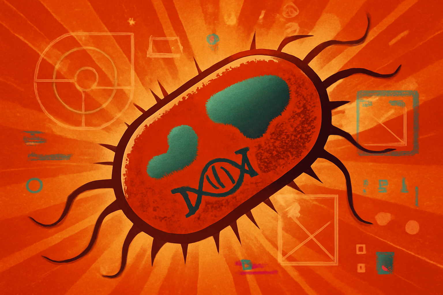 A stylized scientific illustration of a glowing E. coli bacterium surrounded by digital data streams and DNA structures on a minimalist background.