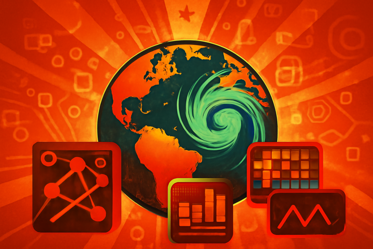 A digital rendering of the Earth with glowing data lines representing the atmosphere, land, and water interacting to form a storm system.