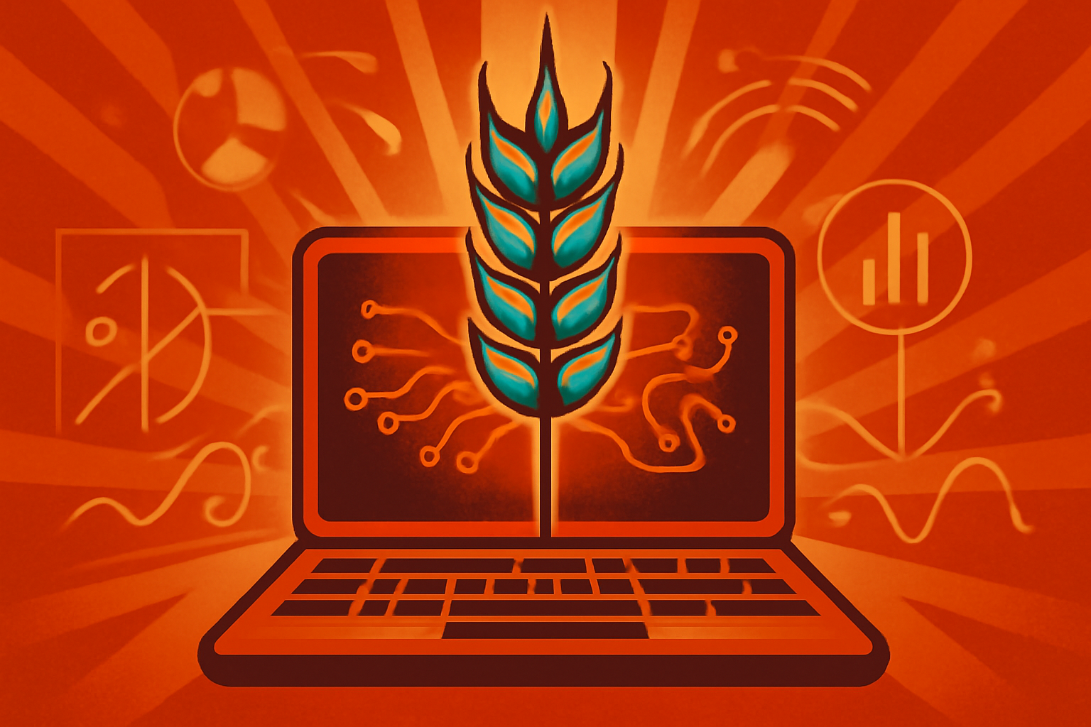 Digital genomic data sequences and charts overlaid on a vibrant golden wheat field, representing AI integration in agriculture.