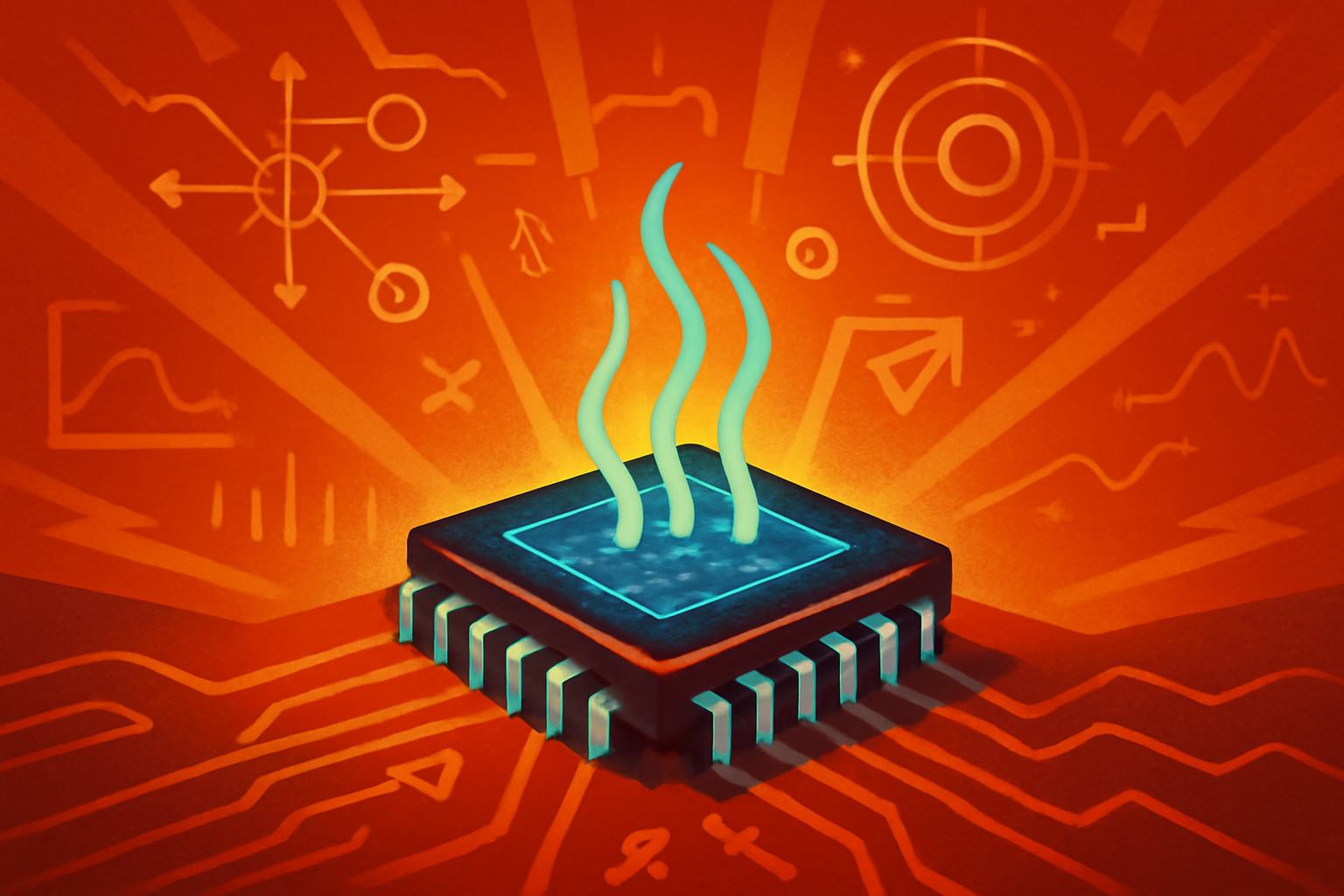 A glowing microchip designed for extreme temperatures, showing faint hexagonal patterns representing graphene, set against a background of intense heat.
