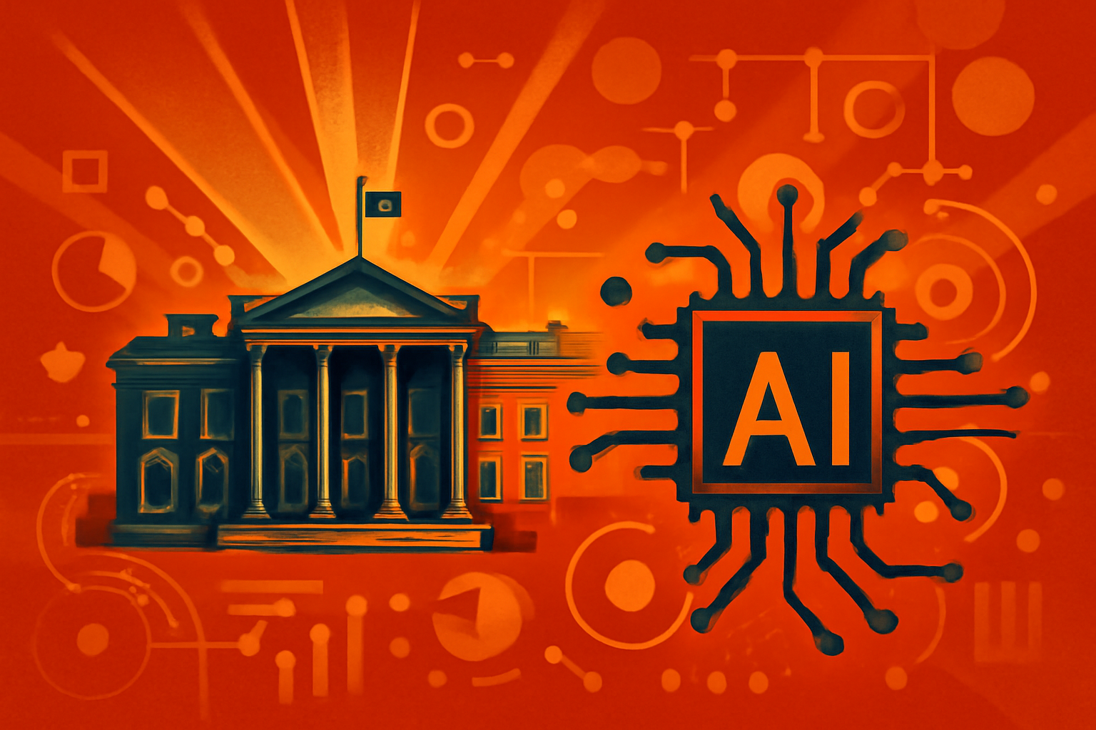 The White House at sunset with a transparent digital data overlay symbolizing technology integration.