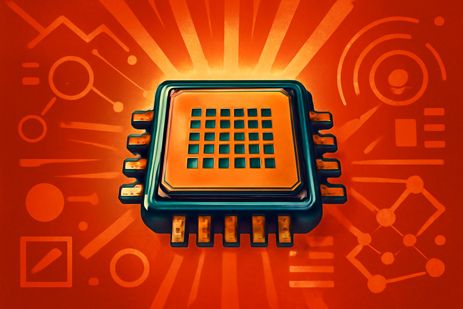 A futuristic microchip with glowing gold and blue circuits floats in the void of space with the planet Mars visible in the background.