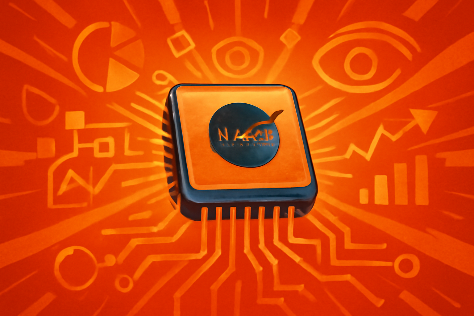 A high-tech microprocessor labeled HPSC with the NASA logo on a glowing circuit board with a backdrop of a starry sky and the planet Mars.