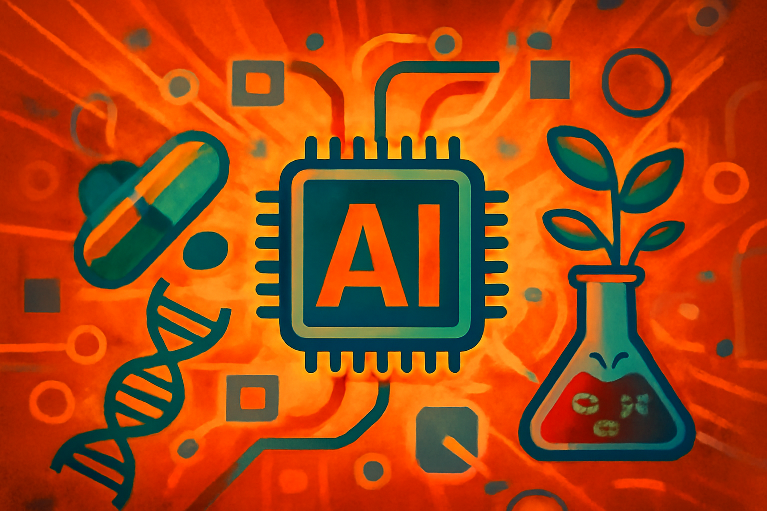 Digital illustration of a neural network connecting symbols of healthcare and agriculture, representing AI's role in global development.