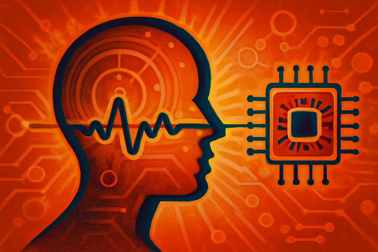 An elderly person speaking near a tablet that displays a digital brain scan and voice waveforms, symbolizing AI analysis of speech patterns for dementia detection.