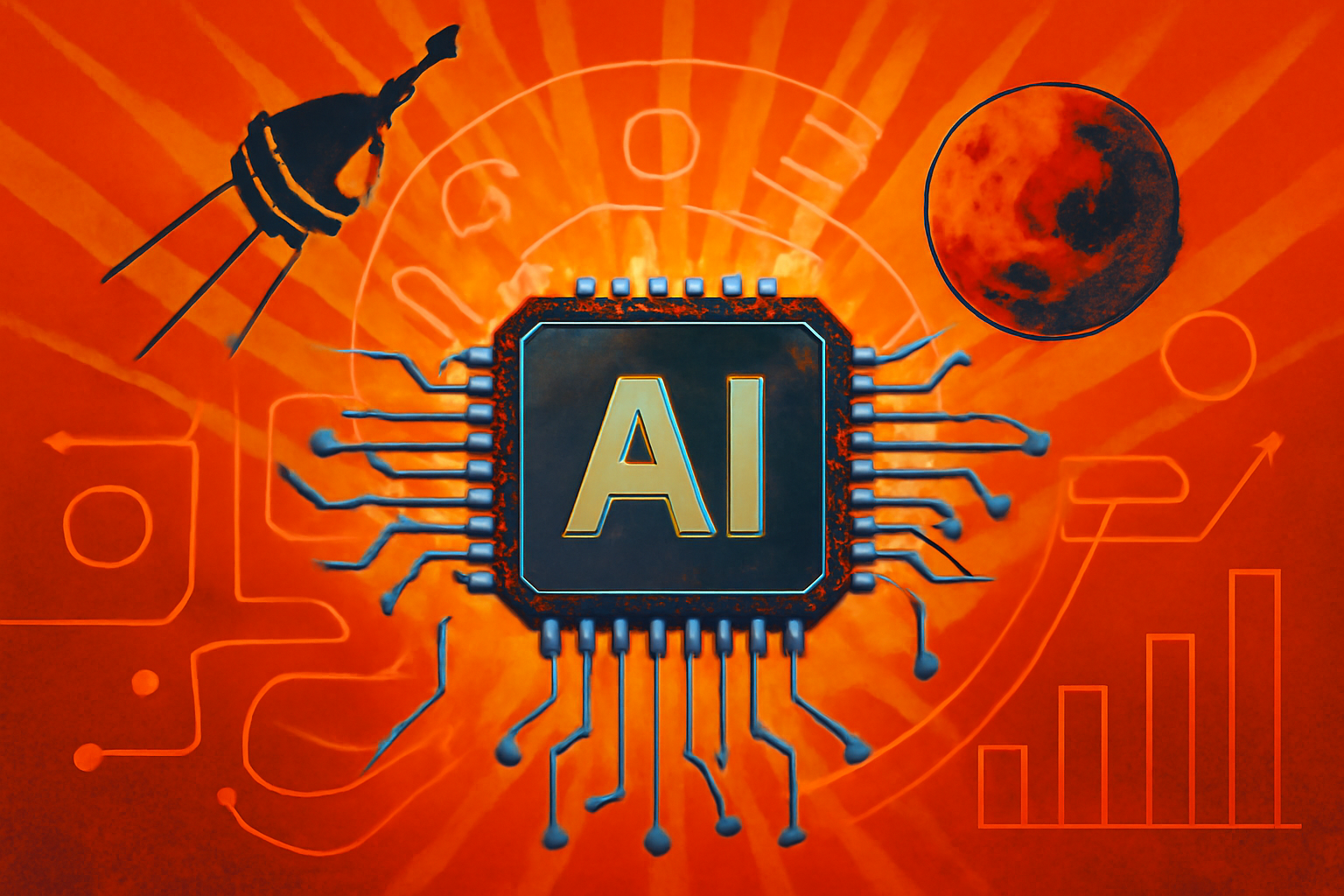 A glowing radiation-hardened AI microchip floats in space with a distant planet Mars in the background.