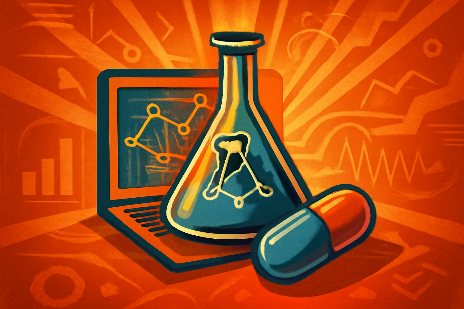 A laboratory setting showing a 3D digital visualization of a drug molecule interacting with a protein structure on a high-resolution computer monitor.