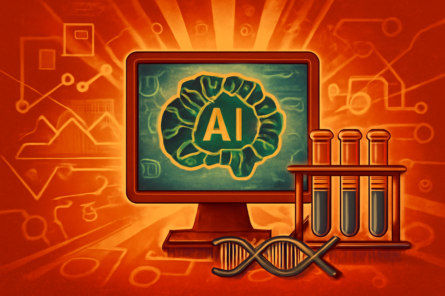 A sophisticated biomedical laboratory featuring a robotic arm and digital displays of molecular models used for AI-driven drug discovery.
