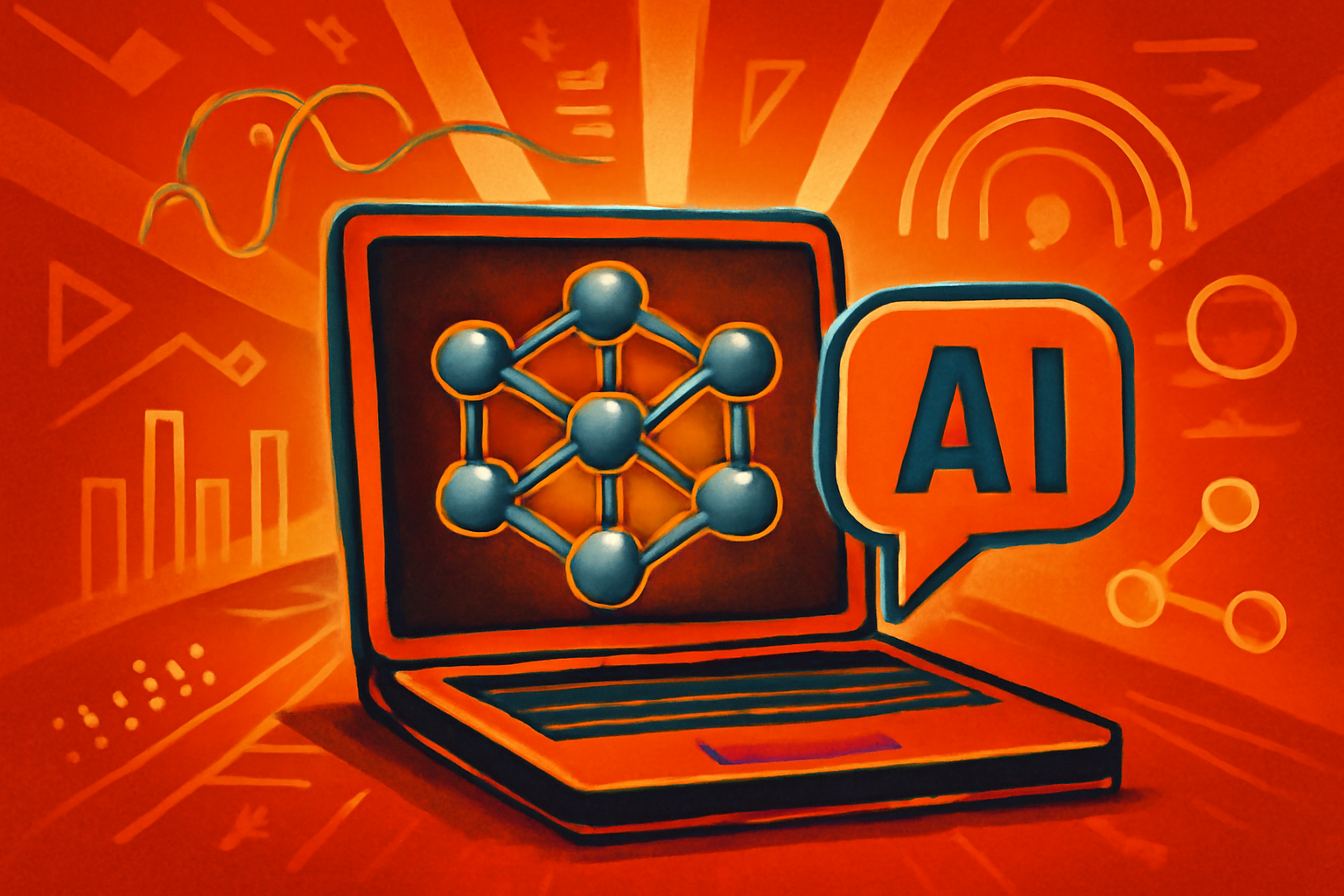 A digital rendering of a 3D atomic structure connected to a glowing neural network interface, representing the MatterChat AI model's ability to interpret physical sciences.