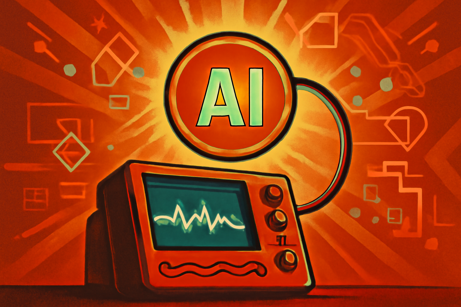 A medical monitor displaying a green heart rhythm waveform with a digital overlay representing the brain, symbolizing AI stroke risk prediction.