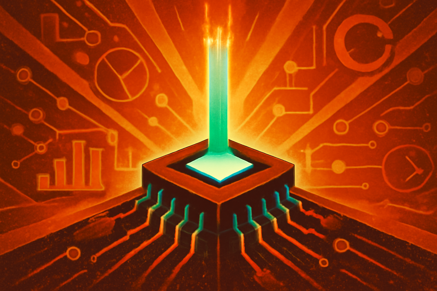 A digital rendering of a microchip with glowing light particles interacting on its surface, representing exciton-polariton technology.