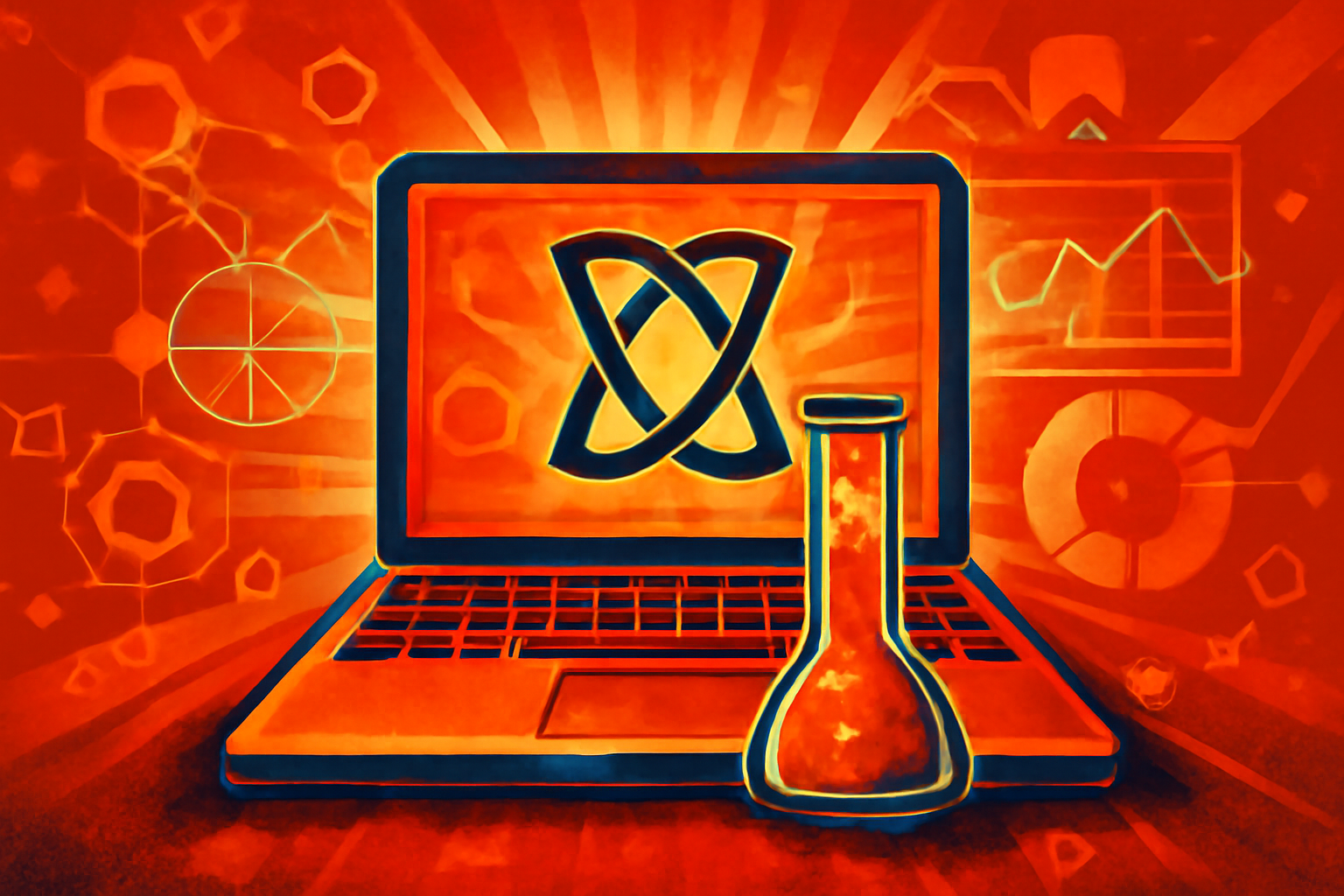 A digital display in a science lab showing complex molecular models and data charts, representing AI-assisted scientific discovery.