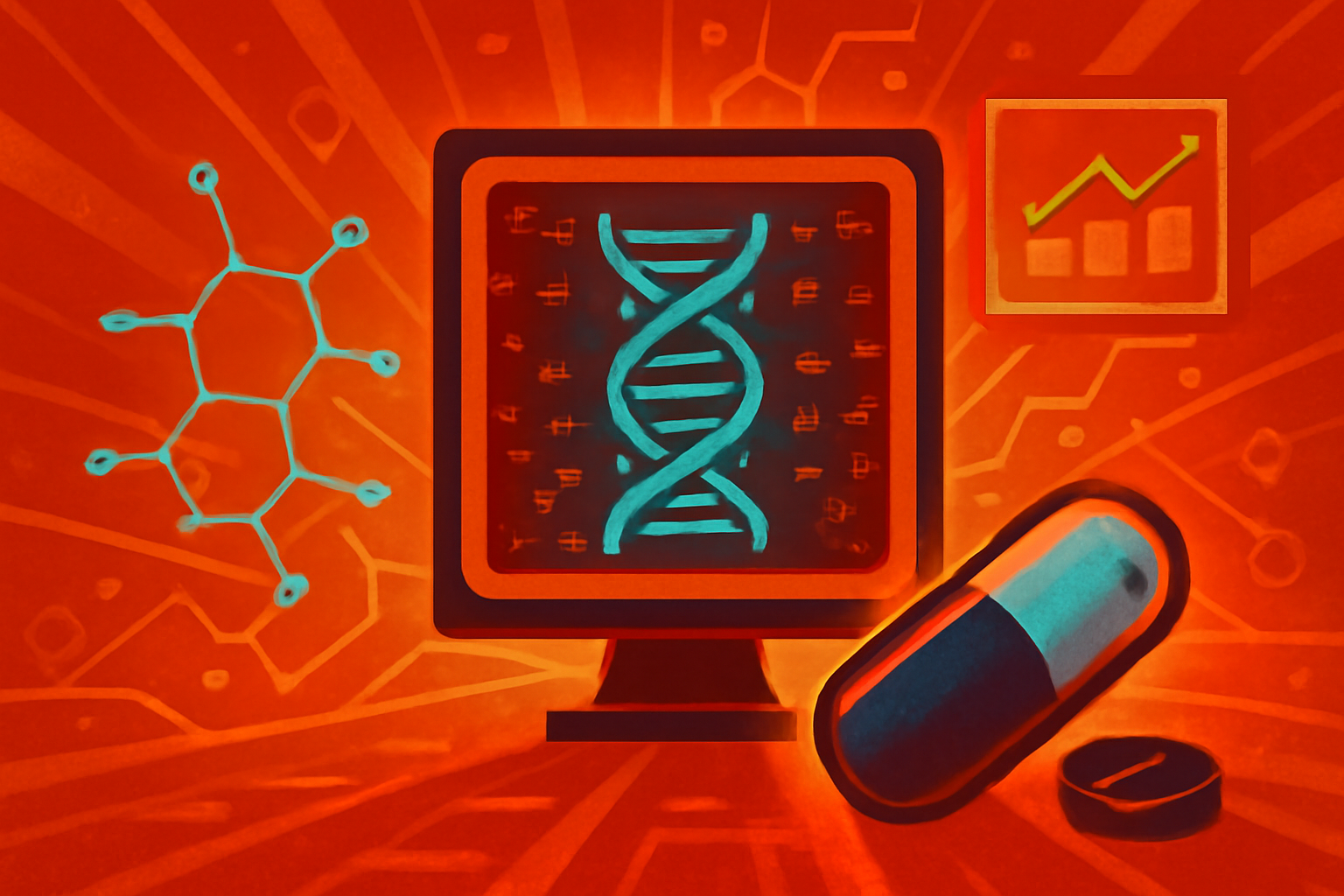 A digital visualization of a complex molecular structure and chemical reaction pathways on a high-resolution laboratory monitor, representing MIT's new generative AI drug discovery models.