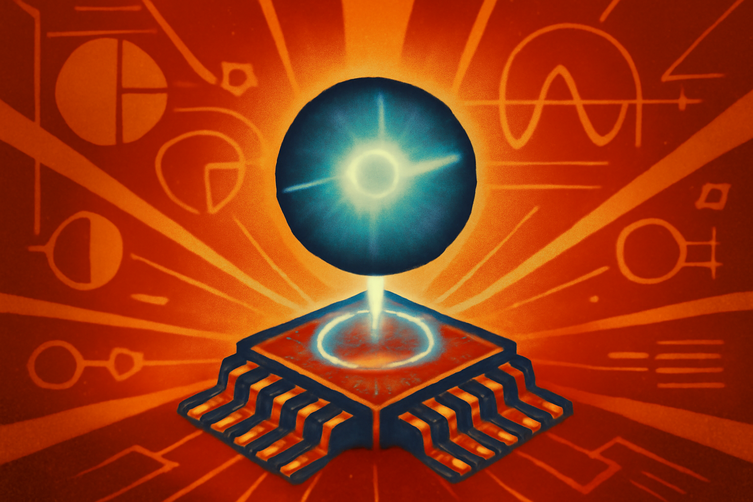 A 3D conceptual rendering of glowing hybrid particles within a futuristic processor chip, symbolizing light-matter interaction in AI computing.