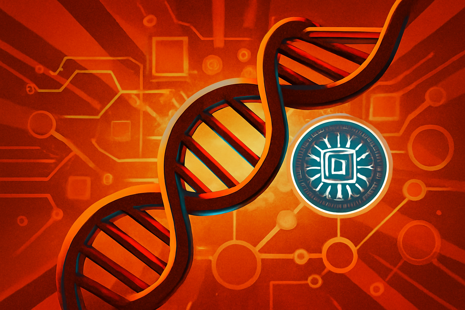 A digital representation of a DNA strand intertwined with a glowing blue neural network, symbolizing the use of artificial intelligence in genetic mapping and medical research.